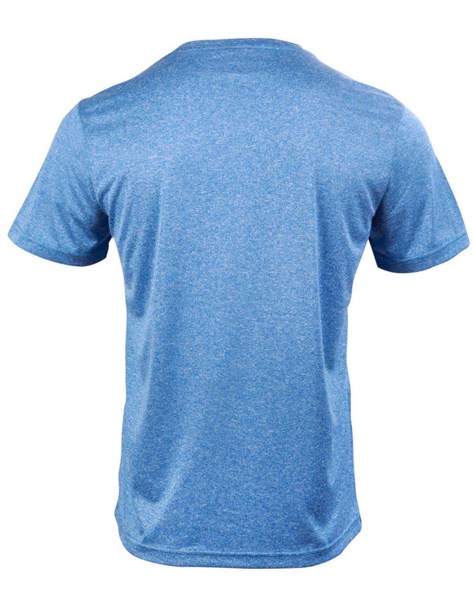 A blue short sleeve tee with a textured pattern, featuring a logo on the back.