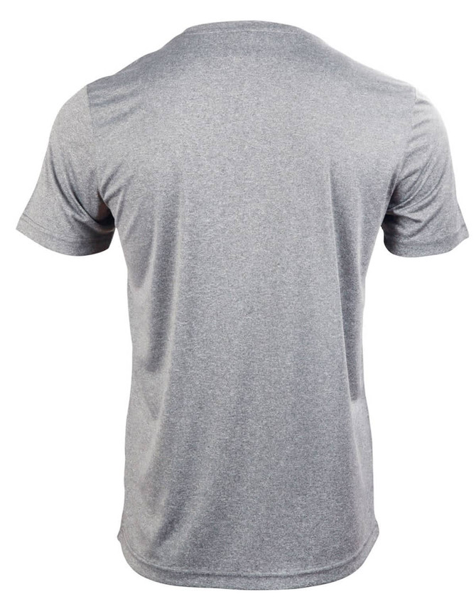 A grey men's short sleeve tee with a smooth texture and a logo on the back.