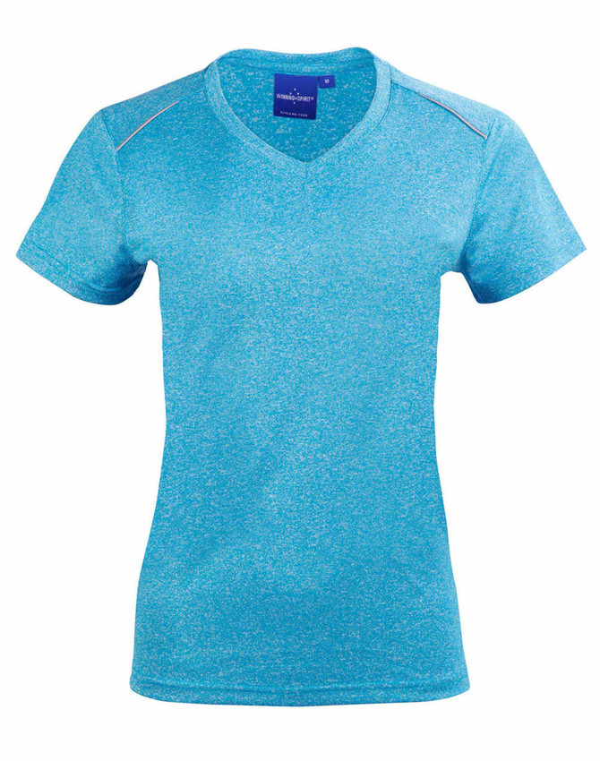 A blue ladies' short sleeve tee with a V-neck design, featuring a subtle textured pattern and a branding logo.
