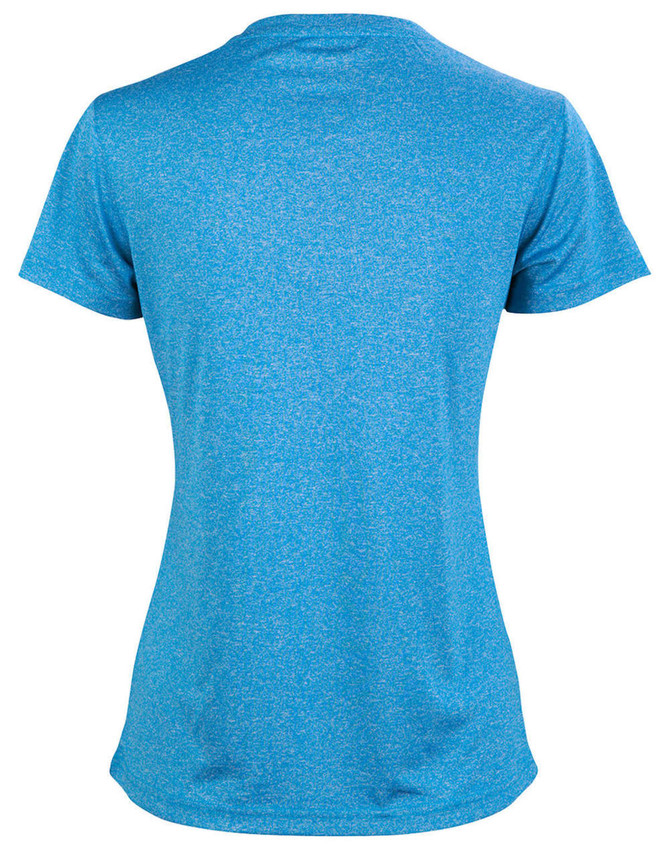 A blue short sleeve tee with a textured pattern, featuring a logo on the back.