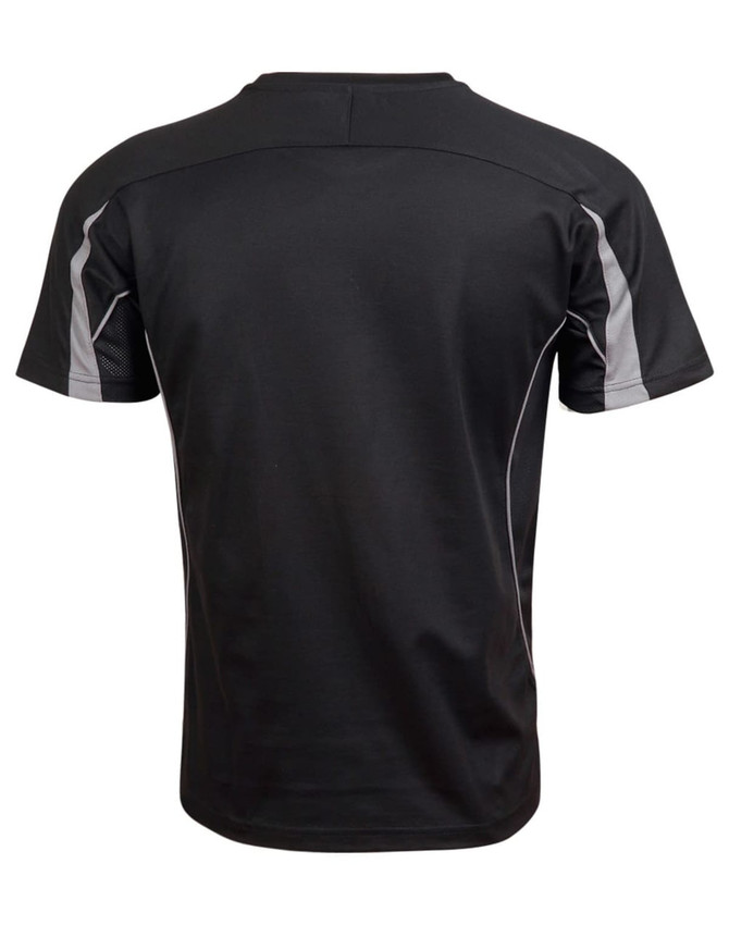 A black kid's short-sleeve t-shirt with grey accents and a logo on the back.