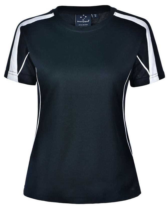 A black ladies' T-shirt featuring white side panels and short sleeves. The shirt has a logo on the label.