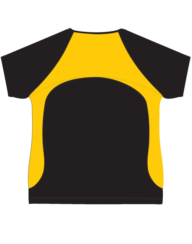 A black and yellow men's T-shirt featuring a contrasting design and a logo.