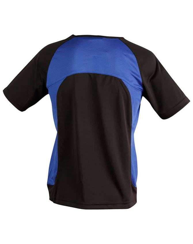 A black and blue men's t-shirt with a sporty design and a logo on the back.