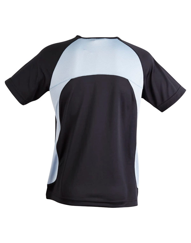 A black and light blue men's t-shirt with a sporty design and a logo on the front.