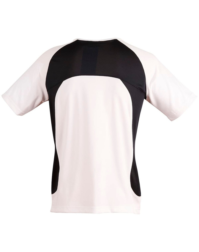 A men's T-shirt featuring a white and black design with a logo on the back.