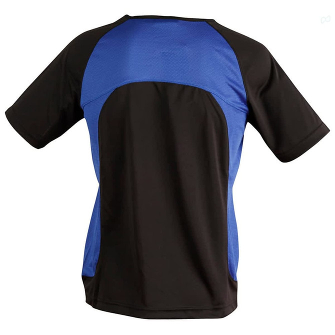 A black and blue men's t-shirt with a sporty design and a logo on the back.