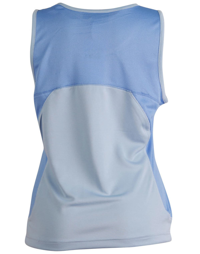 A light blue ladies' sprint singlet with a mesh back and a logo.