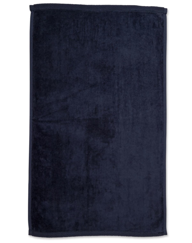 A navy blue golf towel measuring 38 x 65 cm, featuring a textured surface and a stitched border.