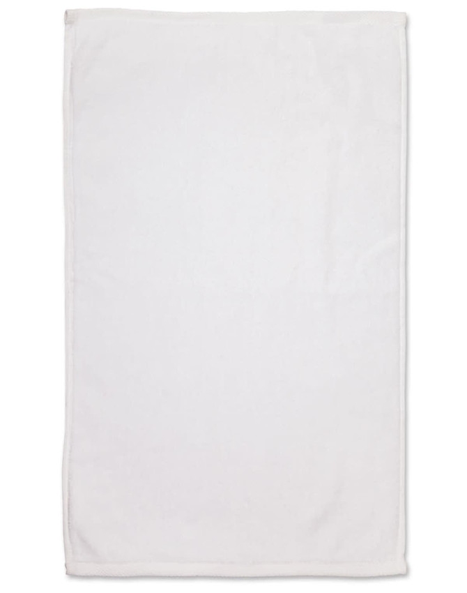 A white golf towel measuring 38 x 65 cm with a simple design and an attached logo.