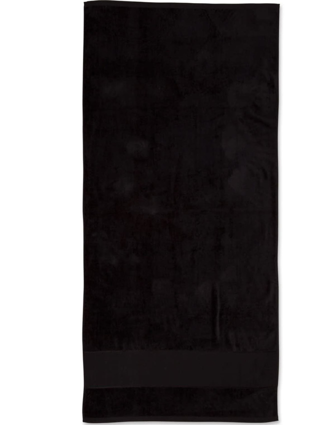 A black terry velour beach towel measuring 75x150 cm, featuring a simple design and a logo.
