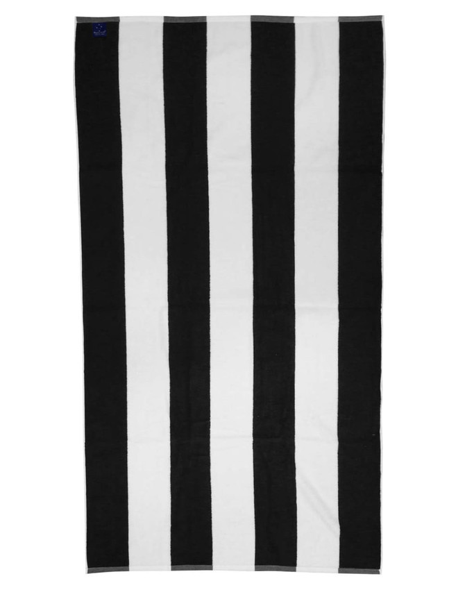 A striped beach towel featuring alternating black and white stripes. The towel includes a logo in one corner.