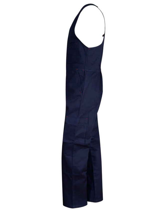 A navy blue cotton drill overall with an action back design, featuring multiple pockets and a branded logo.