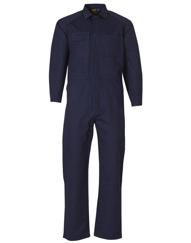 A navy blue cotton drill coverall with a zip front, long sleeves, and two chest pockets, featuring a logo.