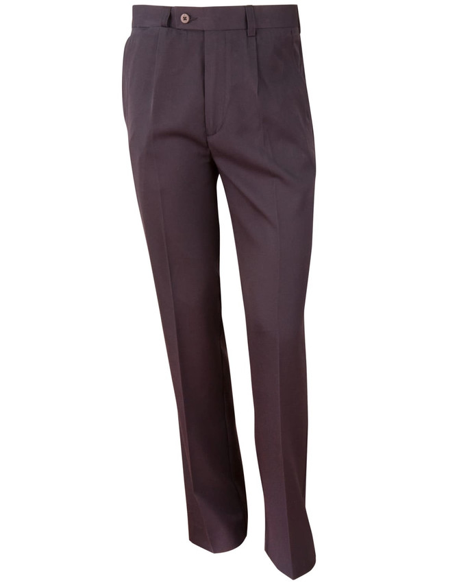 Men's permanent press pants in a dark shade, featuring a tailored fit and a simple design. Includes a logo.