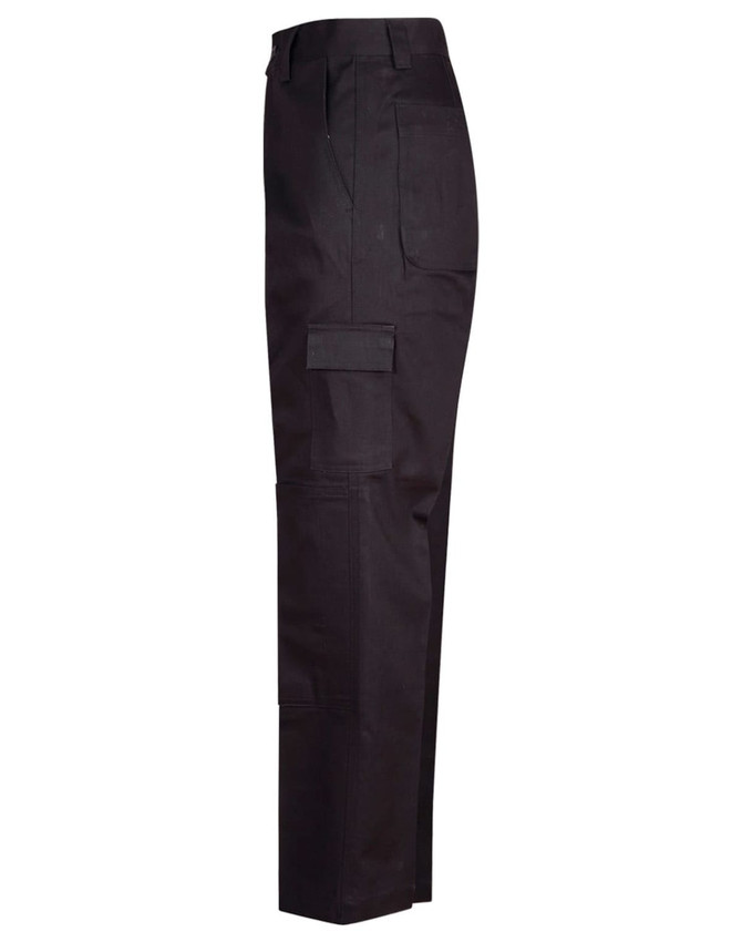 Men's black cotton drill cargo pants, featuring multiple pockets and knee pads, with a branded logo.