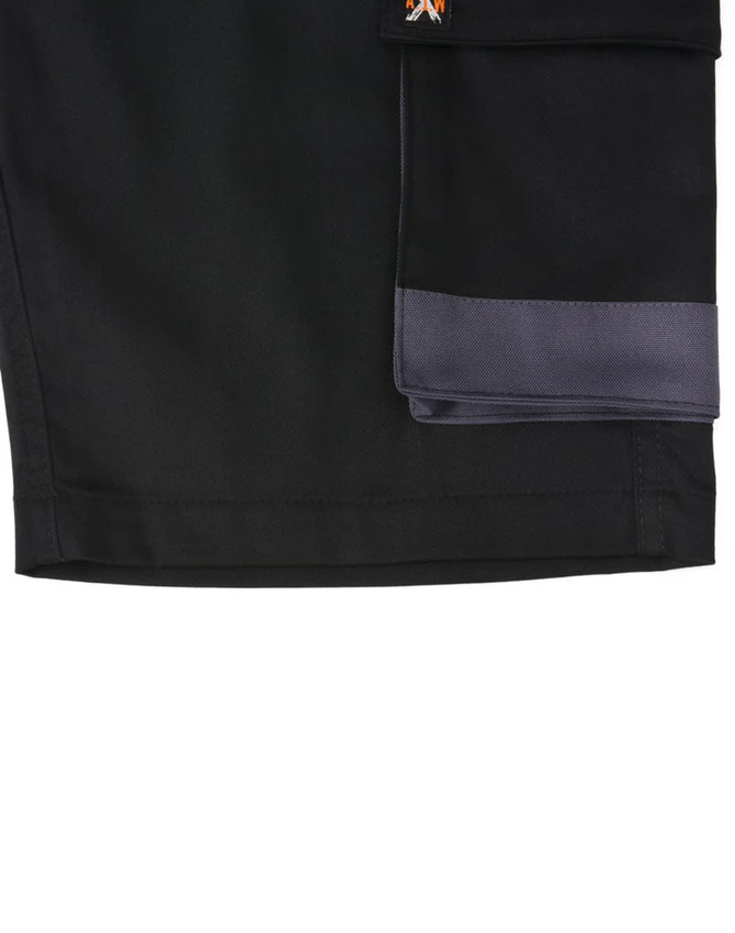 Unisex utility stretch cargo work shorts in black with multiple pockets and a logo.
