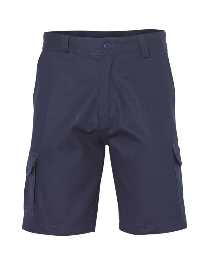Navy heavy cotton drill shorts with cargo pockets and a button closure, featuring a discreet logo.