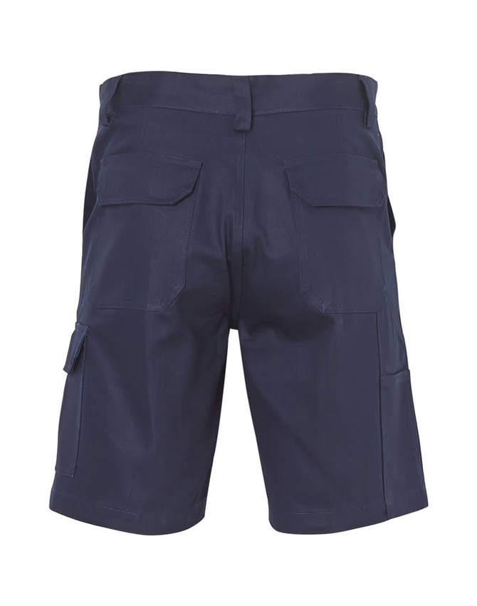 A pair of navy blue heavy cotton drill shorts with multiple pockets and a logo on the back.