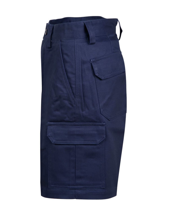 A navy heavy cotton drill short with multiple pockets, featuring a logo. Designed for durability and functionality.