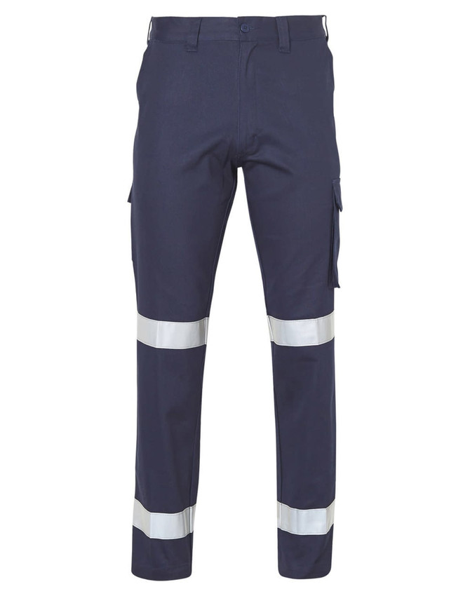 Navy work pants featuring a drill pant pocket on the leg and reflective strips. Includes a logo on the waistband.