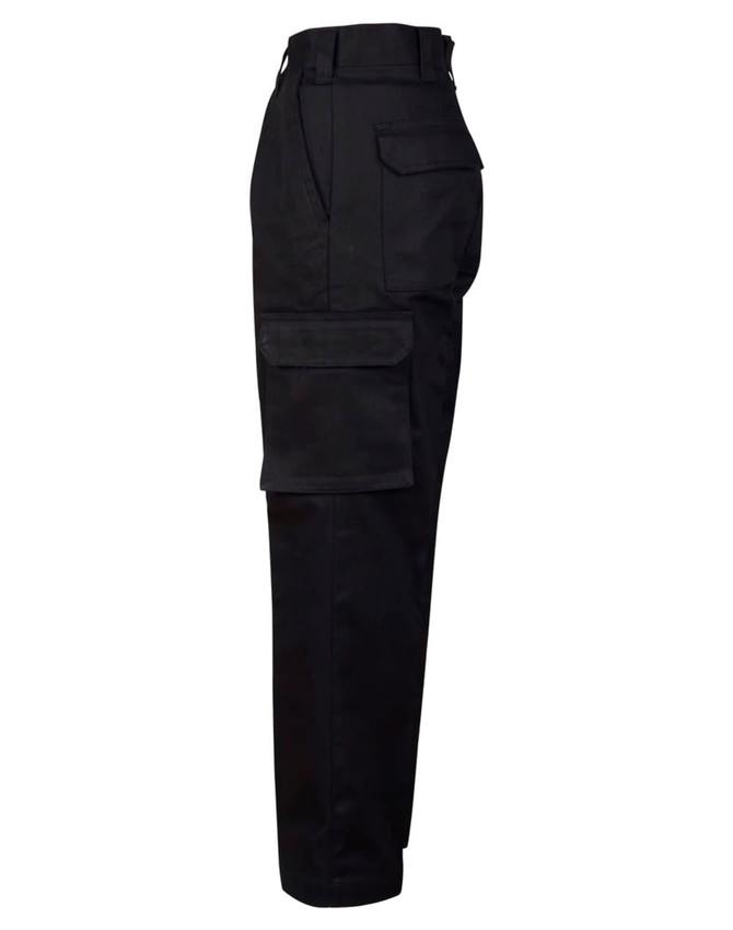 Black cargo pants featuring drill pant pockets on the leg, designed in a stout fit, viewed from the side.