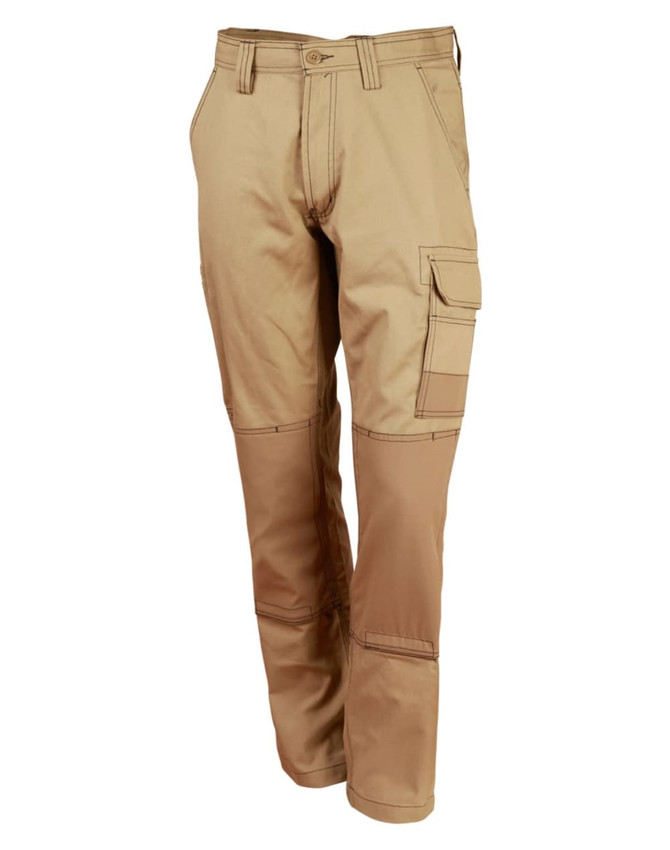 Light weight semi-fitted Cordura work pants in a tan colour, featuring multiple pockets and a logo branding.