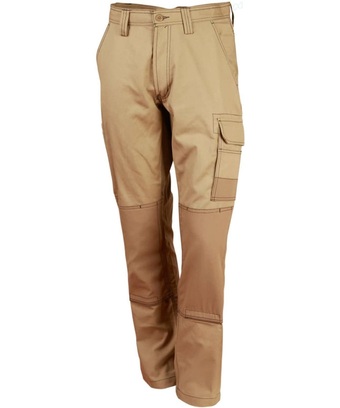 Light weight semi-fitted Cordura work pants in a tan colour, featuring multiple pockets and a logo branding.