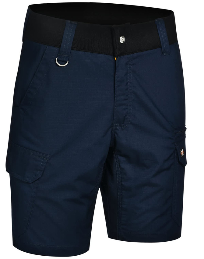 Rip-stop poly/cotton stretch work shorts in navy blue, featuring side pockets and an elastic waistband.