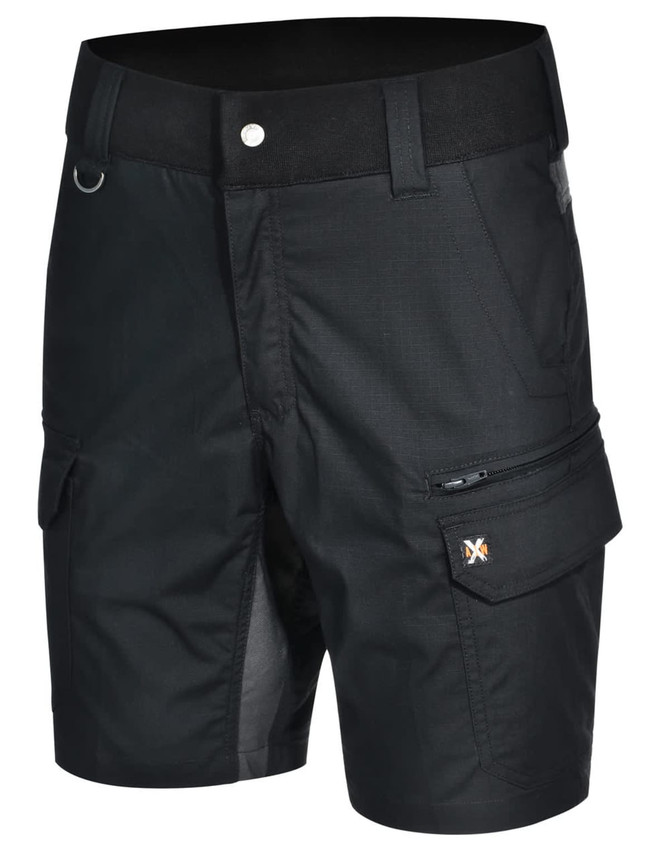 Black Rip-Stop Poly/Cotton Stretch Work Shorts with pocket details and a logo. Suitable for workwear.