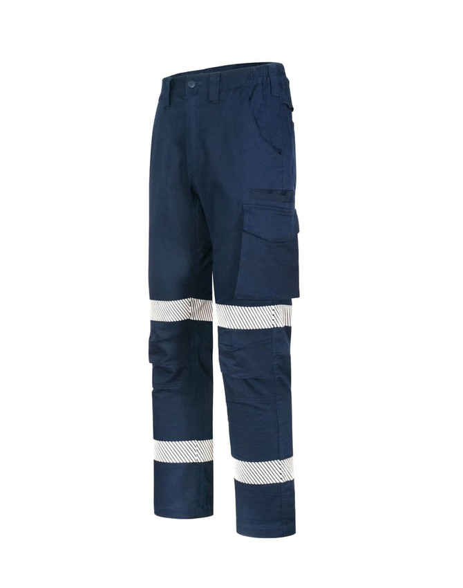 Unisex navy cotton stretch ripstop segmented work pants with reflective stripes and multiple pockets.