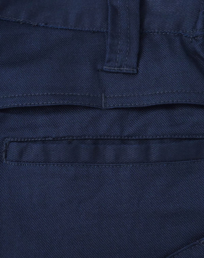 Navy blue unisex cotton stretch ripstop work shorts with a back pocket and a waistband. Features a logo.