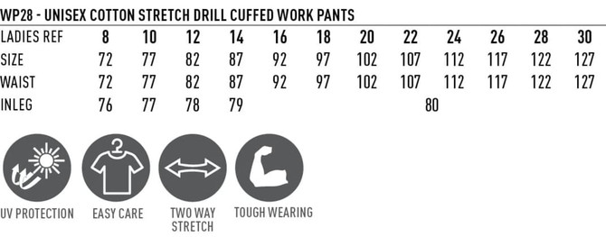 A table displaying size measurements for Unisex Cotton Stretch Drill Cuffed Work Pants, including waist and inseam details.