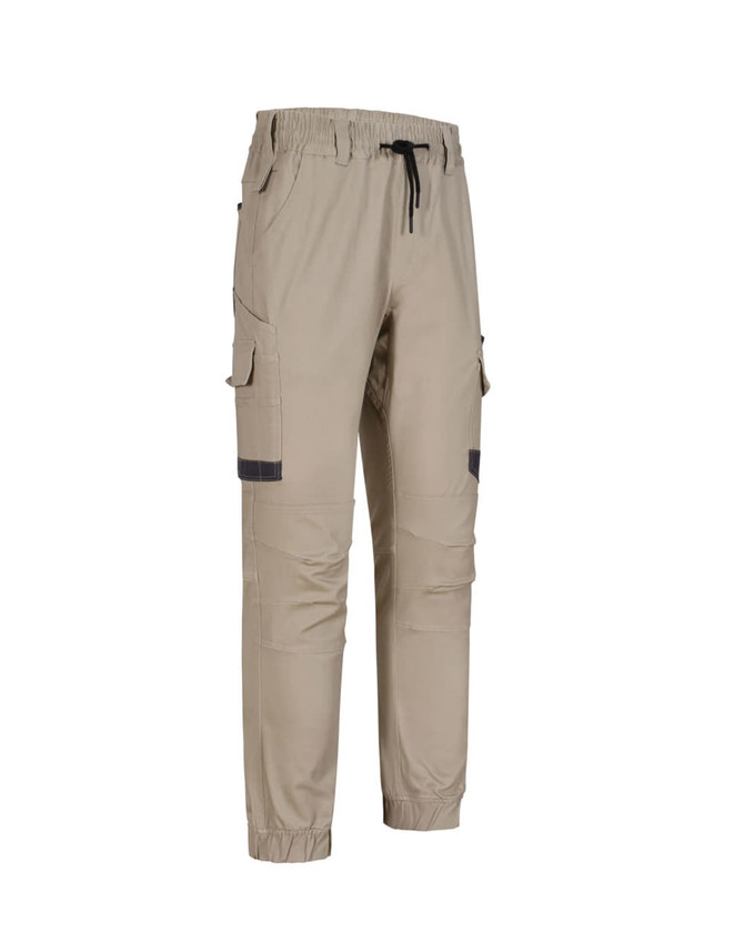 Unisex cotton stretch drill cuffed work pants in beige, featuring cargo pockets and an elastic waistband.