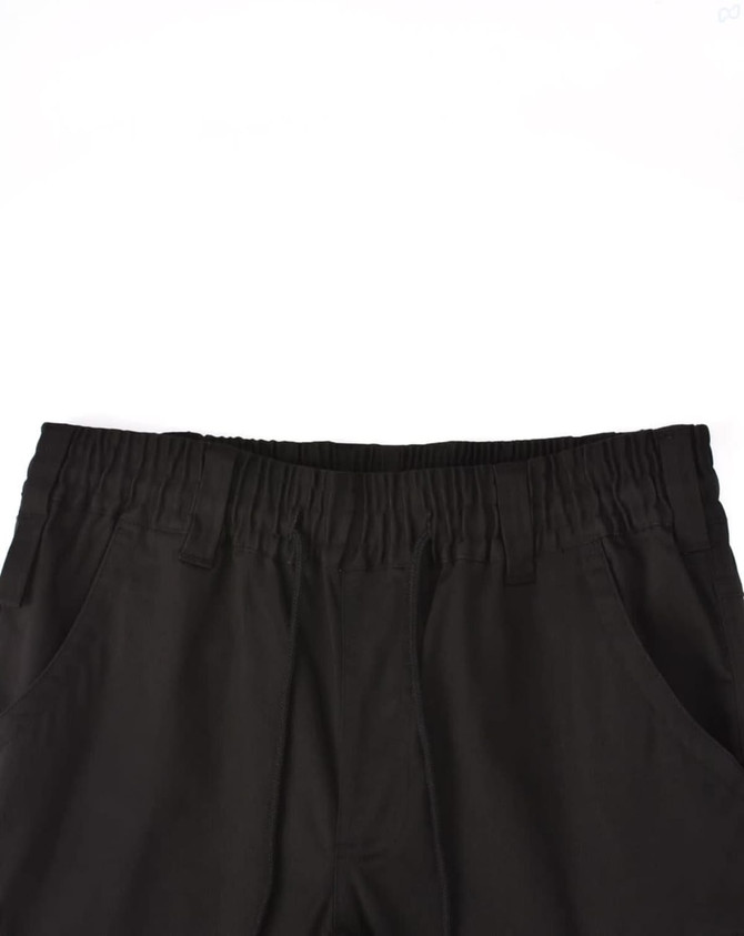 Black unisex cotton stretch drill cuffed work pants featuring an elastic waistband and pockets.