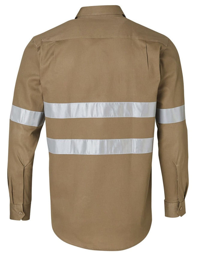A long-sleeve work shirt in brown featuring reflective 3M tape strips and a logo. Designed for durability and visibility.