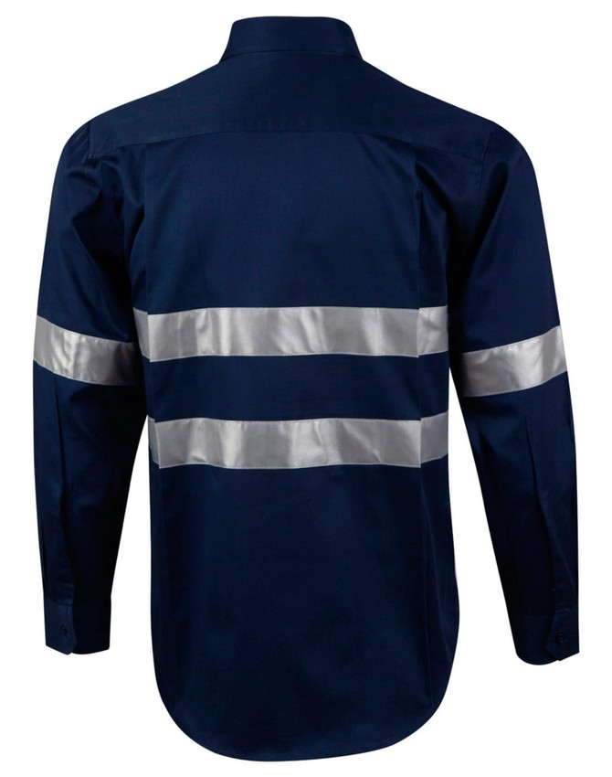 A navy blue long-sleeve work shirt featuring reflective 3M tape stripes and a logo.