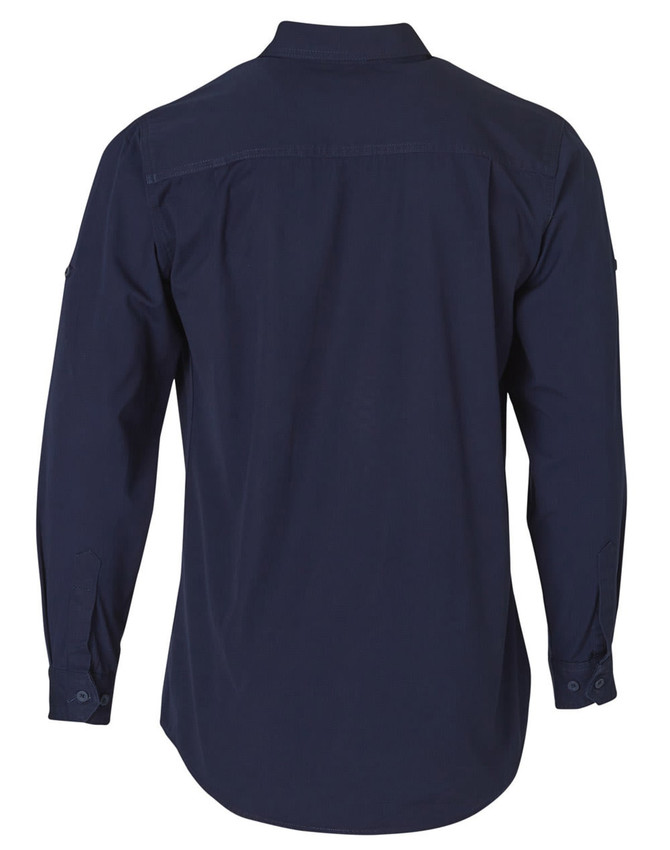 A navy blue long sleeve work shirt with a collar and buttoned cuffs. The back features a simple design and a logo.