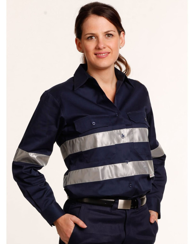 A navy long-sleeve work shirt made from cotton drill, featuring 3M reflective tapes and a logo.