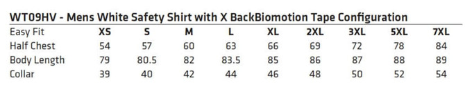 A size chart for a men's white safety shirt, featuring measurements for various sizes. The shirt includes biomotion tape configuration.