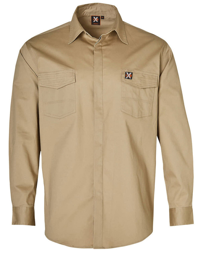 A beige long-sleeve work shirt featuring two front pockets and a logo.
