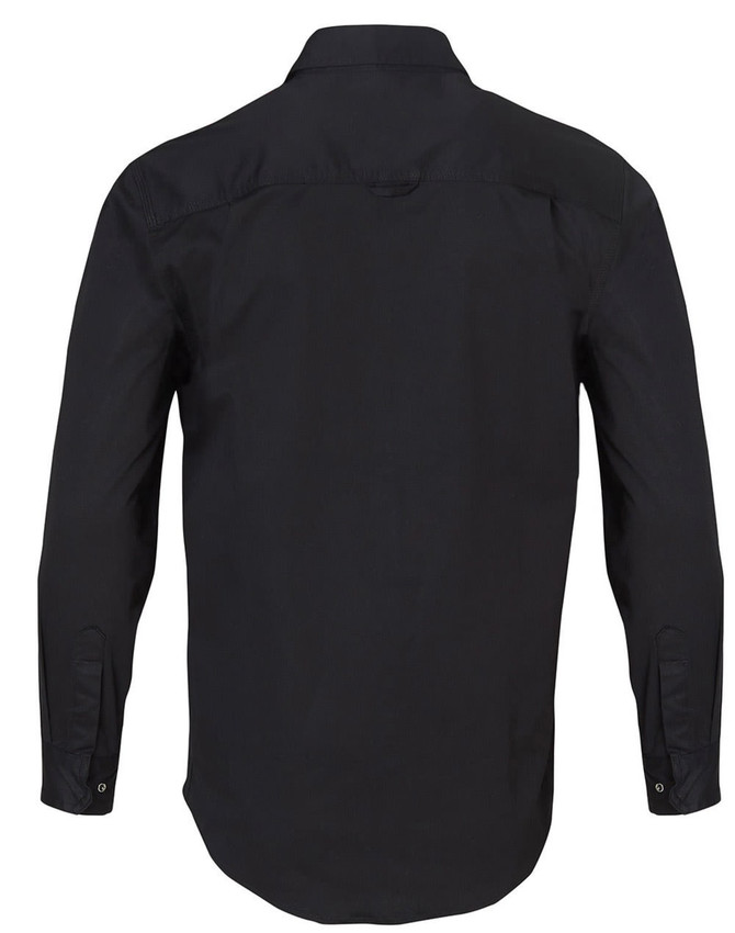 A black long-sleeved work shirt with a collar and buttoned cuffs, featuring a logo.