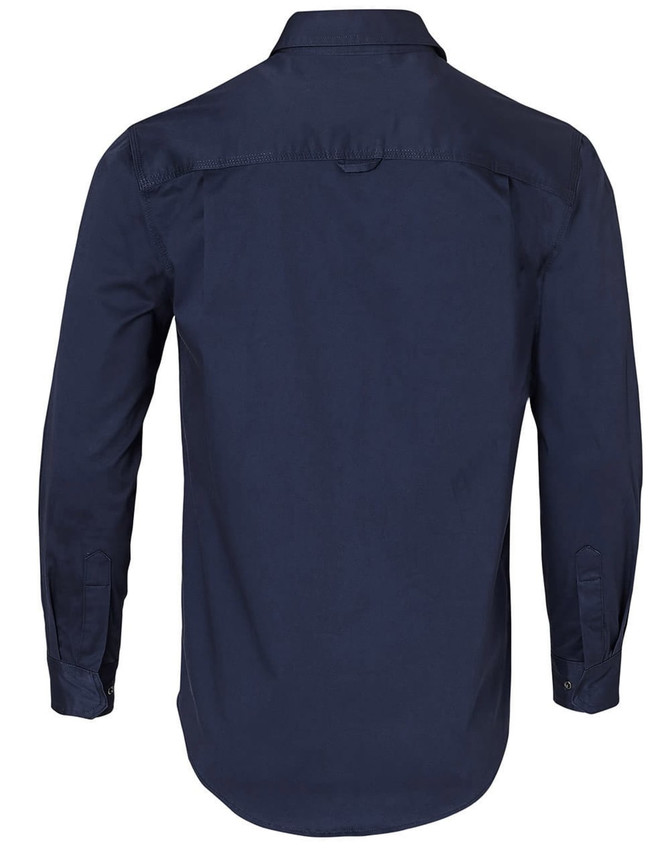 A navy long-sleeve work shirt with a buttoned collar and an adjustable cuff, featuring a logo on the back.
