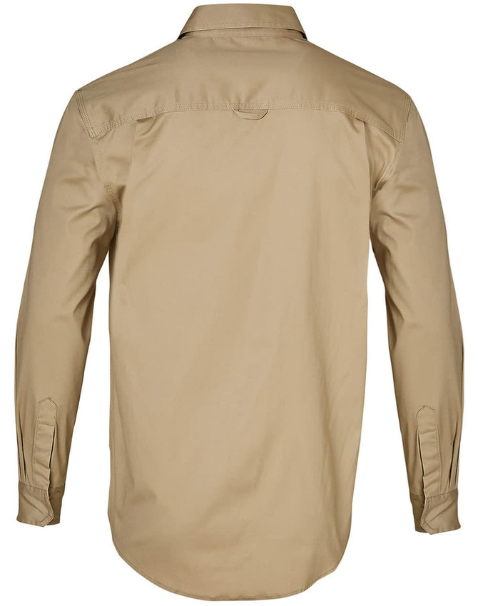 A beige long-sleeved work shirt with a back yoke and cuff details, featuring a logo.