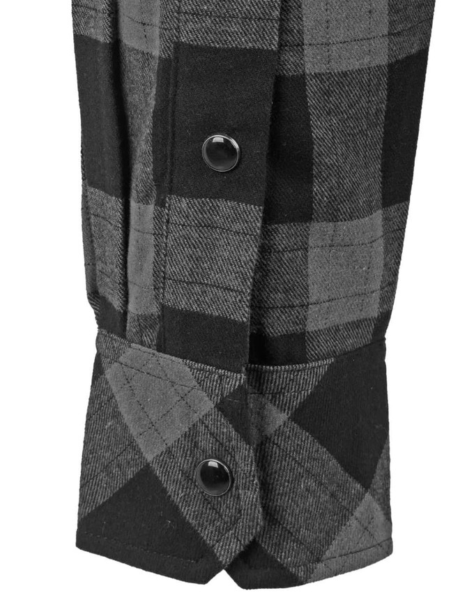 A black and grey checkered flannel shirt featuring a buttoned cuff and a logo.