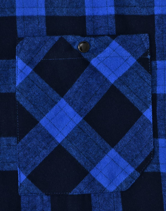A close-up of a unisex button-up flannel shirt featuring a blue and black plaid pattern with a chest pocket.