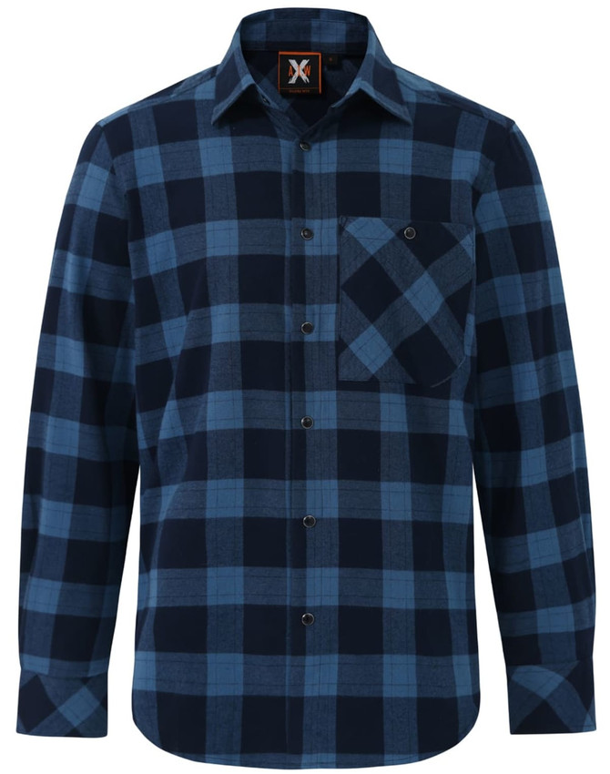 A unisex flannel plaid shirt featuring a navy and blue check pattern, with a button-up front and a pocket.