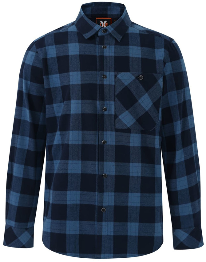 A unisex button-up flannel shirt in navy and light blue plaid, featuring a chest pocket and a logo.
