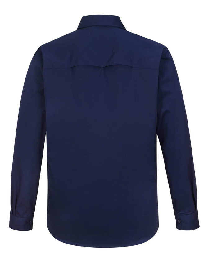 A navy long-sleeve work shirt with a closed front and collar, featuring a logo.