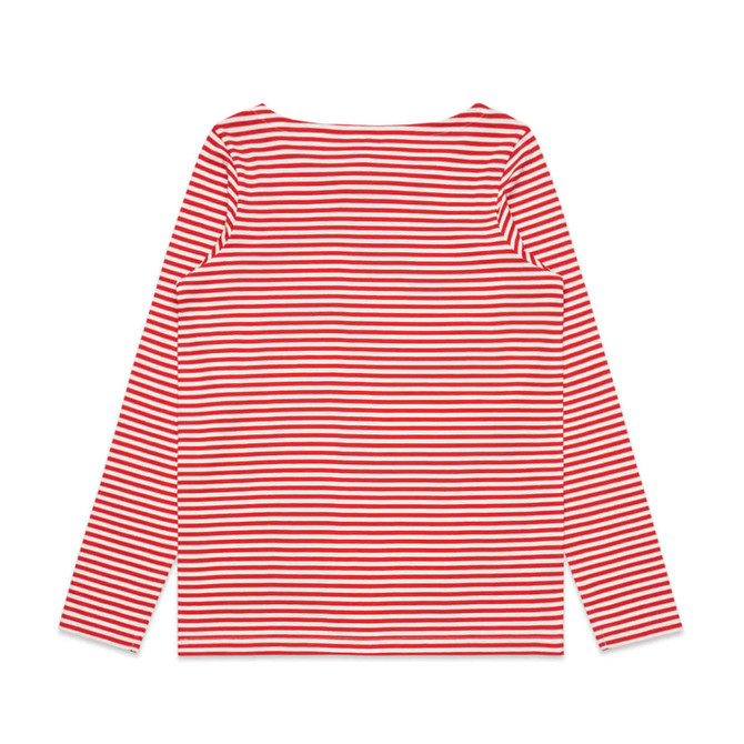 A long-sleeve T-shirt featuring a red and white striped pattern. The back view displays the shirt’s design and neckline.